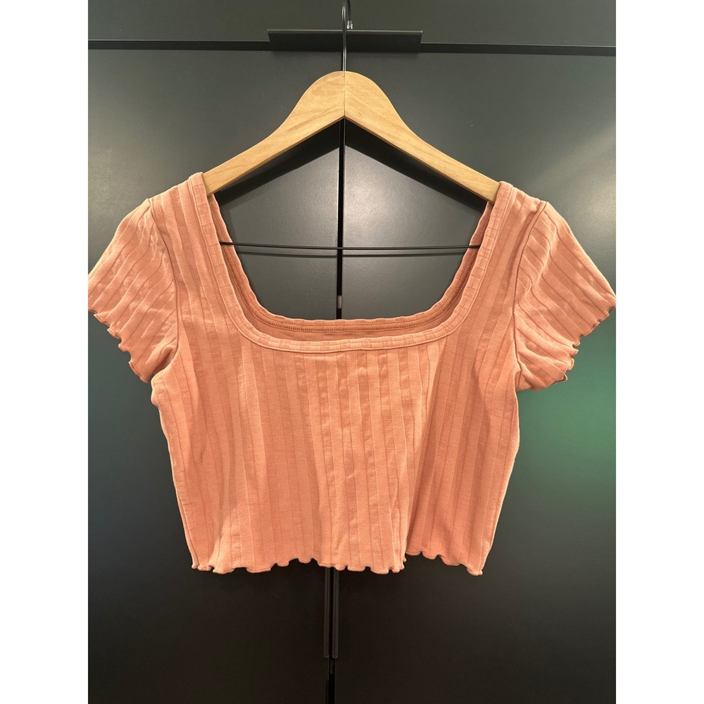 Aerie‎ Offline Ribbed Square Neck Crop Top Peach Coral Lettuce Edge Small